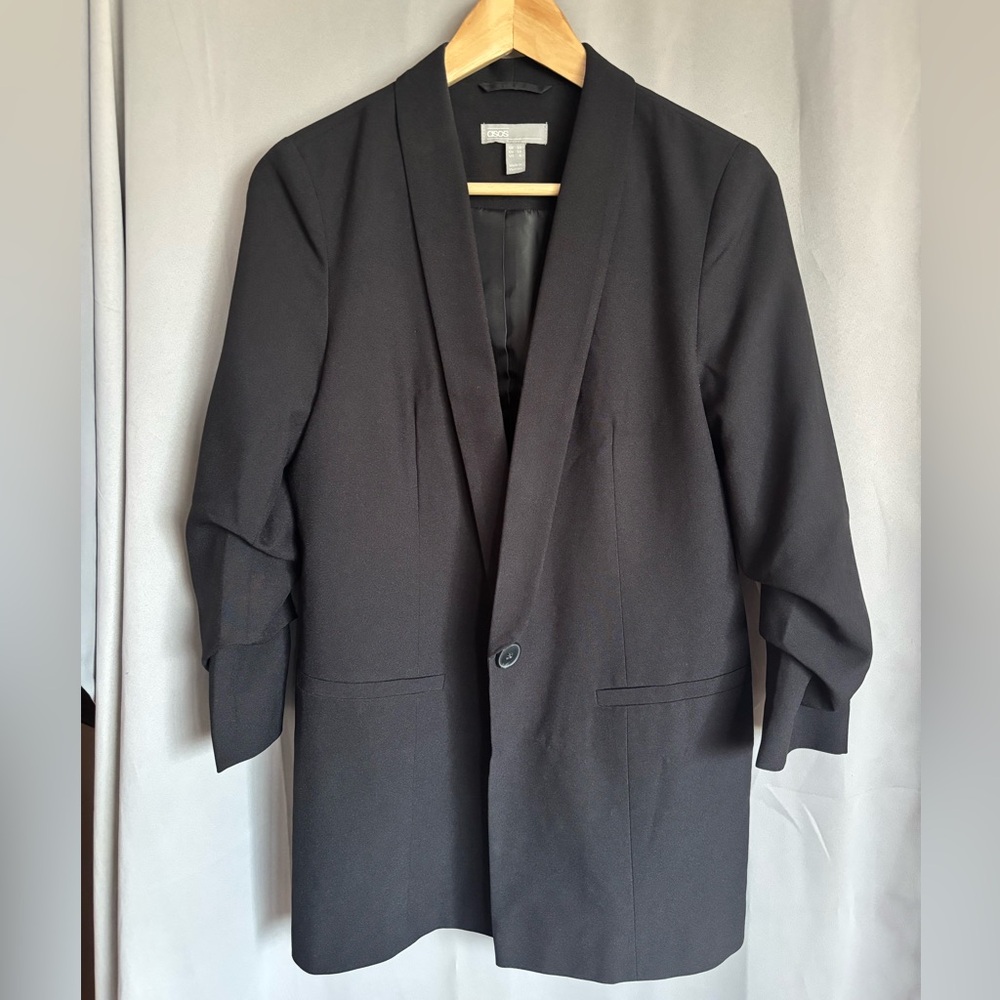 ASOS Black Long Blazer with Gathered Sleeves- size 6